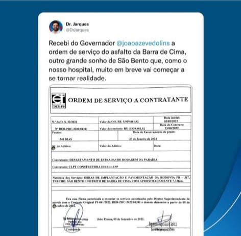 Prefeito Jarques Lúcio recebe do governo do estado ordem de serviço autorizando empresa que fará obra do asfalto do Distrito de Barra de Cima