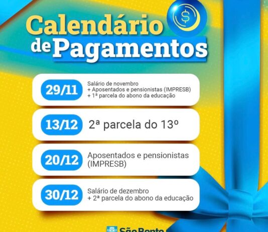 Prefeitura de São Bento antecipa pagamento da Folha Pessoal de novembro e paga a 1ª parcela do Abono da Educação, nesta sexta-feira (29)