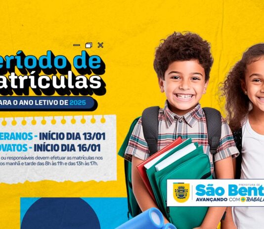 Matrículas da rede municipal de ensino de São Bento começam na próxima segunda-feira (13)