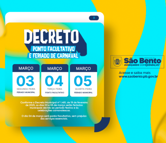 Prefeitura de São Bento decreta Feriado Municipal na segunda de Carnaval, na Quarta-feira de Cinzas e ponto facultativo na terça-feira