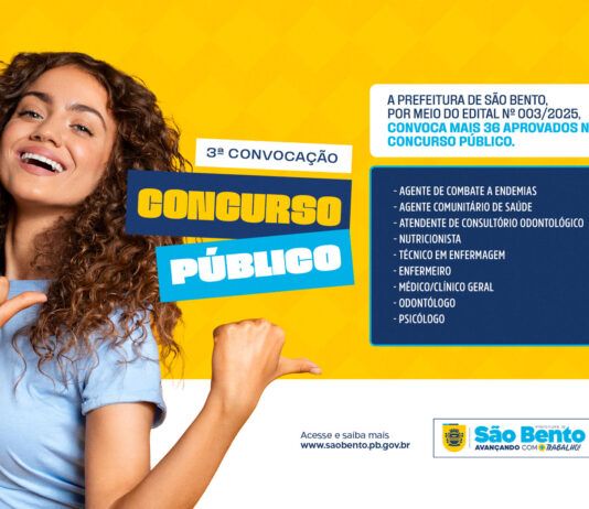 Prefeitura de São Bento – PB convoca mais 36 pessoas aprovadas em Concurso Público para diversos cargos