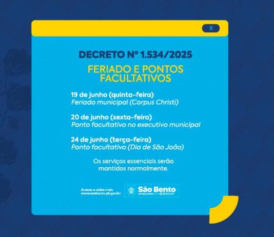 Prefeitura de São Bento decreta feriado no dia 19 de junho e ponto facultativo nos dias 20 e 24 do corrente mês