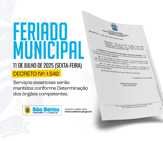Prefeitura de São Bento – PB reconhece o dia 11 de julho de 2025 como Feriado Municipal