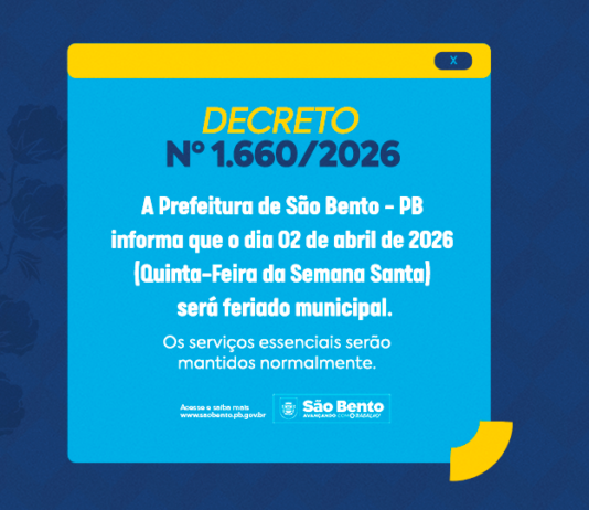 Prefeitura de São Bento decreta feriado municipal na Quinta-Feira da Semana Santa