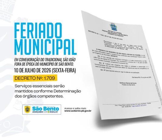 Prefeitura de São Bento decreta feriado na sexta-feira, 10 de julho